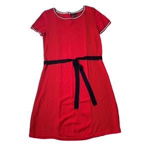 Tommy Hilfiger Womens Red White Blue Short Sleeve Tie Belt Sweater Dress Size M